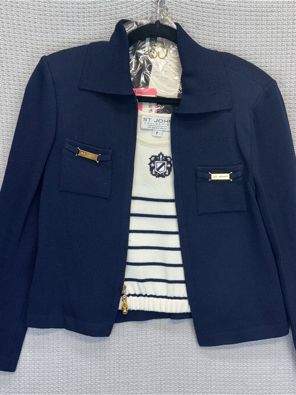 Vtg St John Navy Nautical Blazer W/Sleeveless Striped Tank Top Small P Gold - Picture 1 of 13